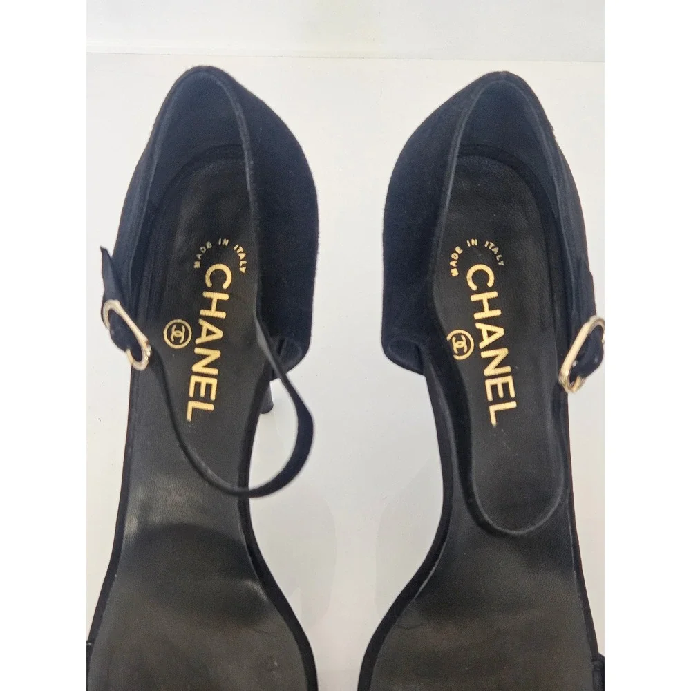 Chanel 2016 Black Suede Satin Gold CC Logo High Heels Sandals Shoes Strappy 41.5